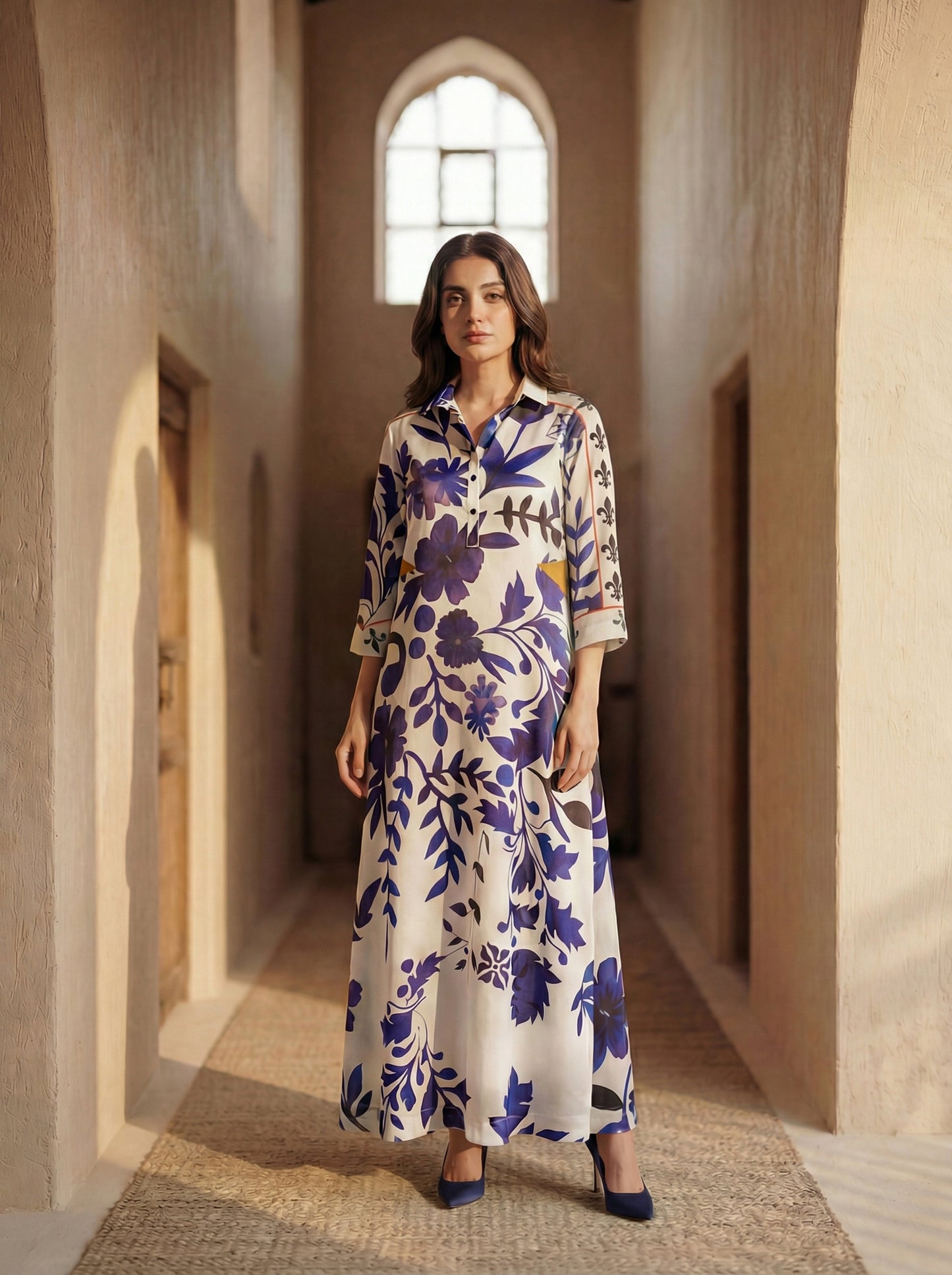 Blue Flora Button-Down Dress