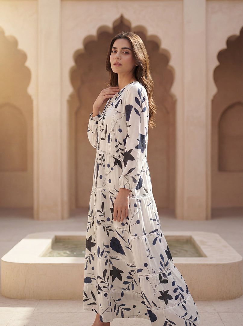 Indigo Garden Lace-Trim Dress