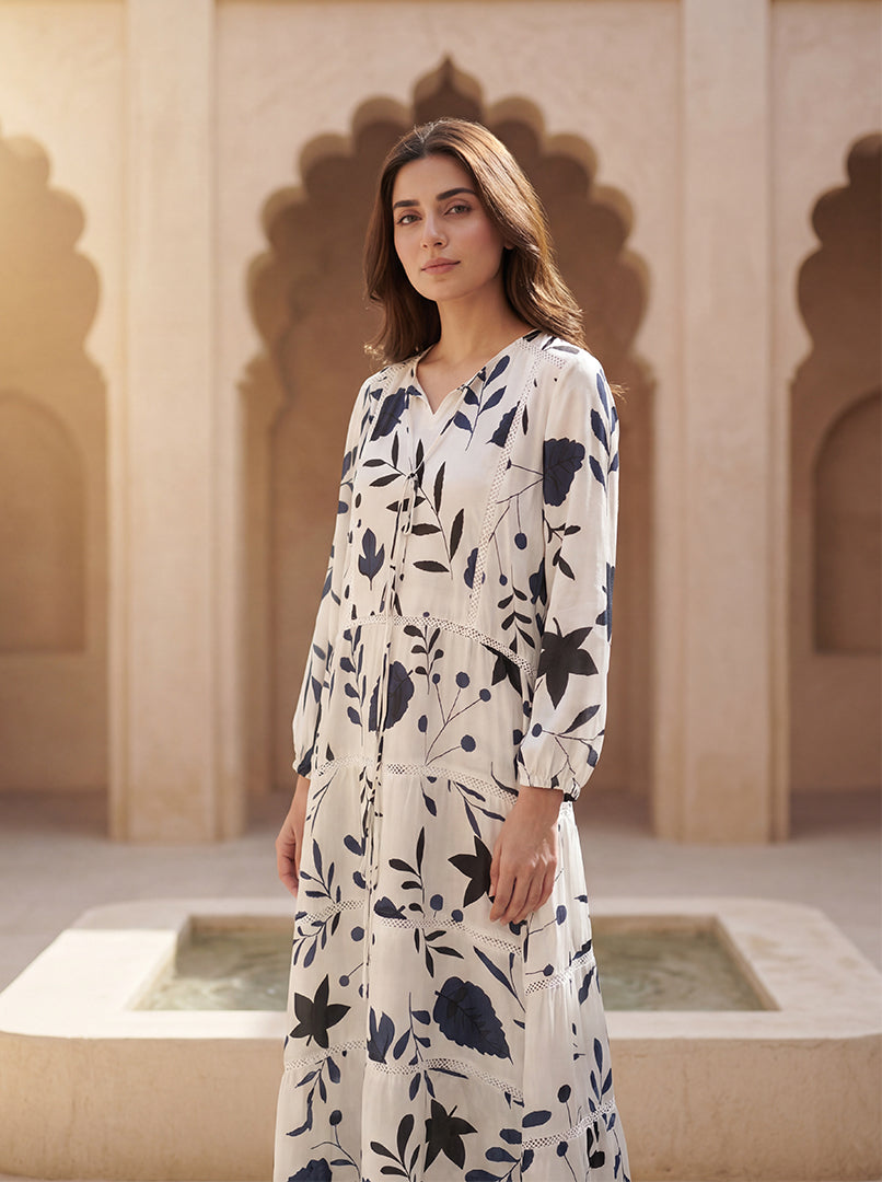 Indigo Garden Lace-Trim Dress