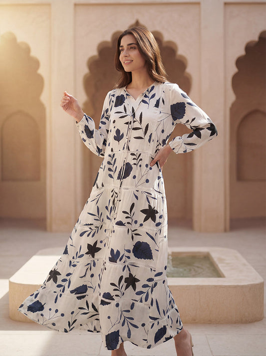 Indigo Garden Lace-Trim Dress