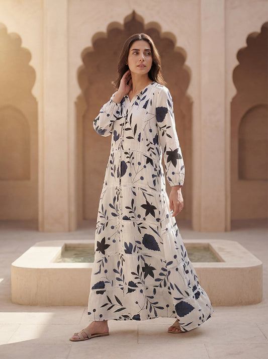 Indigo Garden Lace-Trim Dress