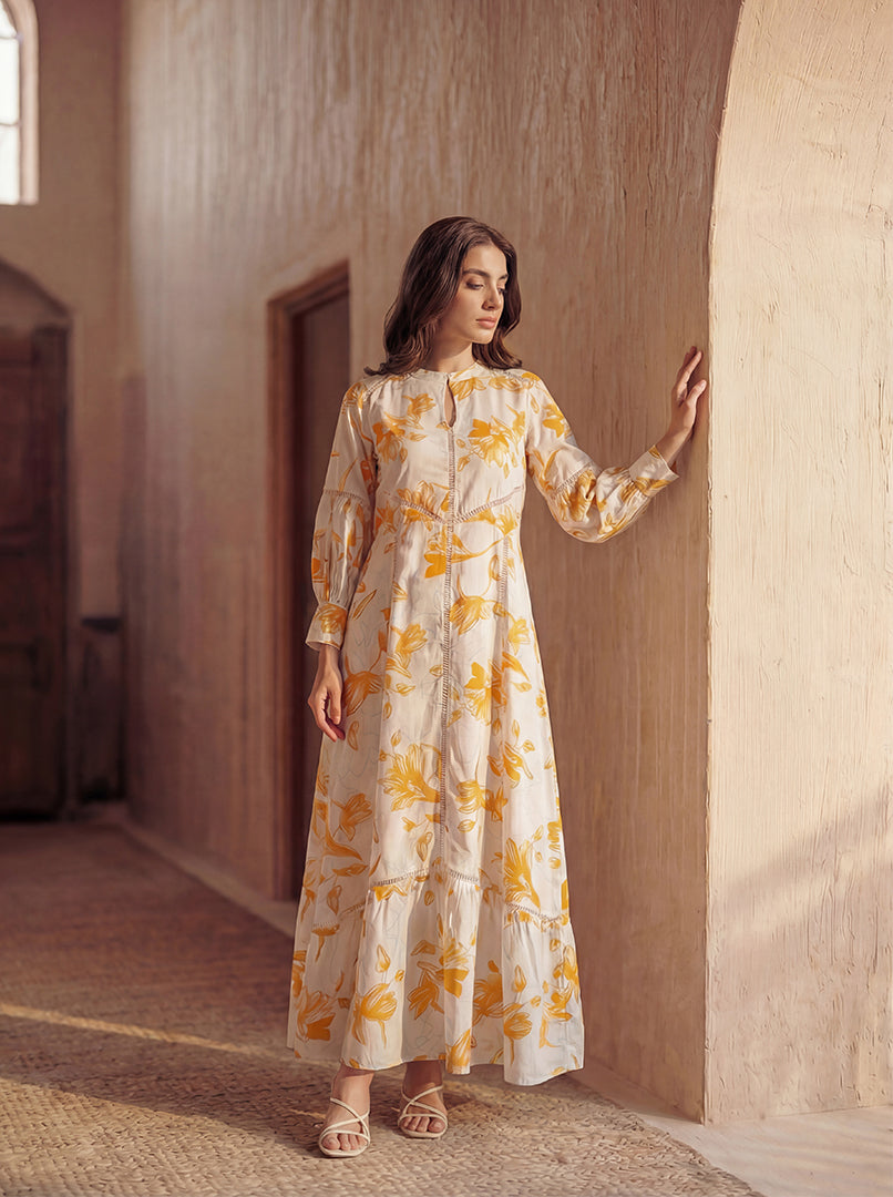 Floral Print Lace-Detail Maxi Dress