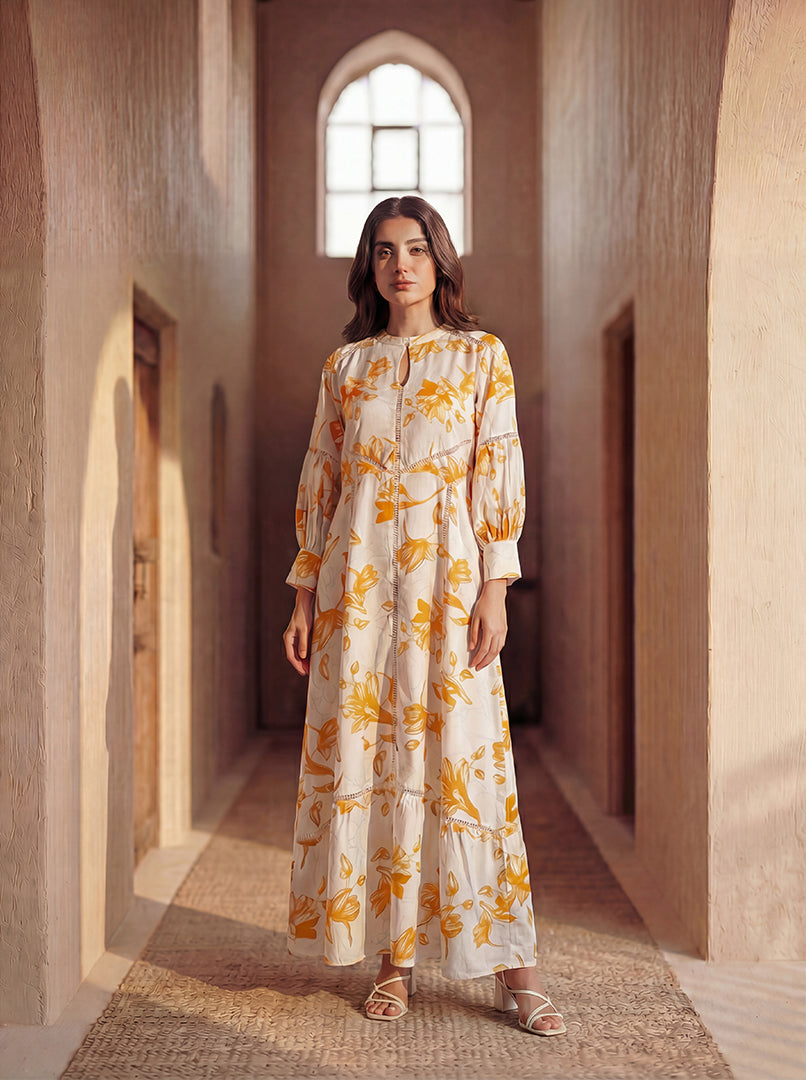 Floral Print Lace-Detail Maxi Dress
