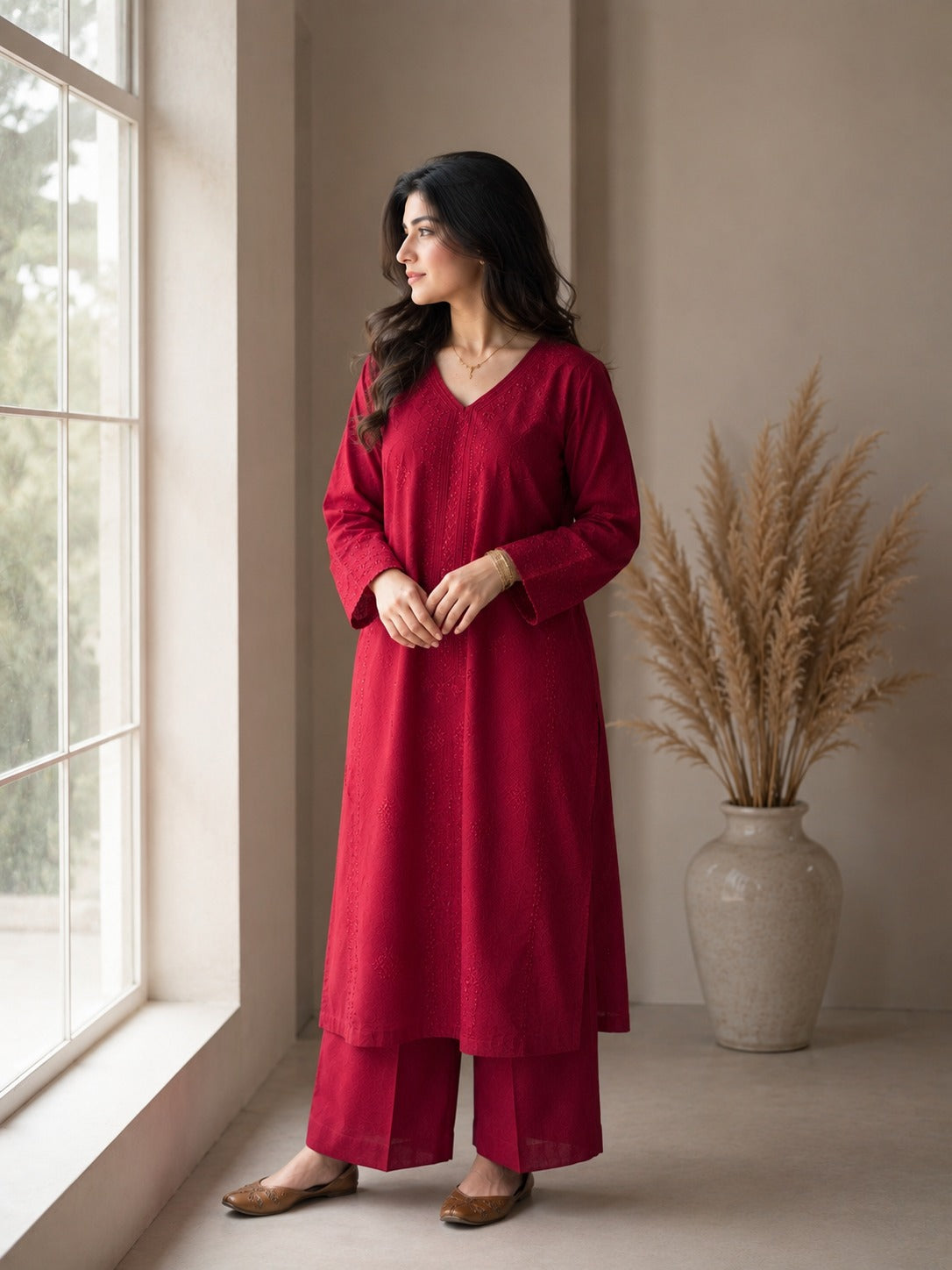 Cherry Red Embroidered Dress